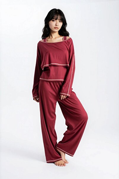 Ecrou Women's Burgundy Report Ribbed Knit Texture Seoul 3-Piece Pajama Set