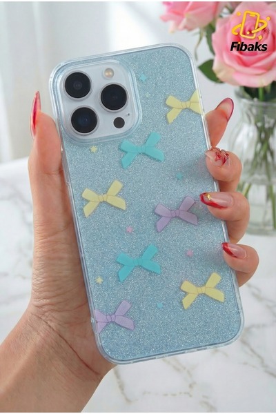 Fibaks Apple iPhone 11 Pro Max Uyumlu Kılıf Mavi Simli Renkli Fiyonk Desenli ...