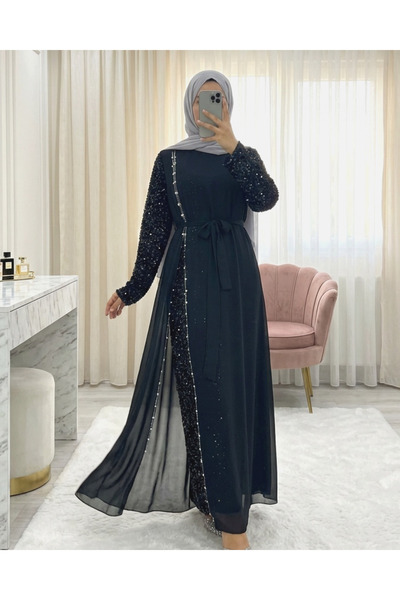 Modamorfo Chiffon Evening Dress with Sequin Belt on Sleeves -Black
