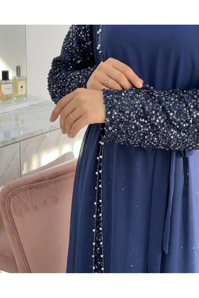 Modamorfo Chiffon Evening Dress with Sequin Belt on Sleeves -Laci