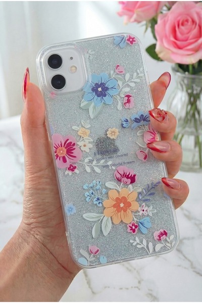 Fibaks Apple iPhone 12/12 Pro Uyumlu Kılıf Mavi Simli Çiçek Desenli Renkli Pa...