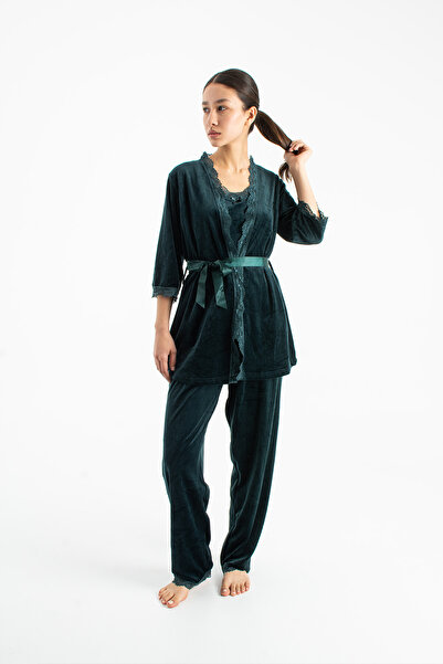 Ecrou Women's Emerald Velvet Rope Strap Robe Pants 3-Piece Pajama Set