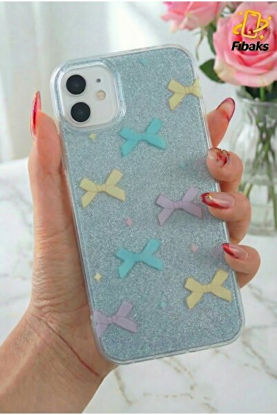 Fibaks iPhone 12/12 Pro Kılıf Mavi Simli Renkli Fiyonk Desenli Parlak Darbe E...