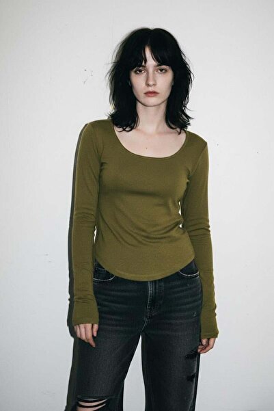 Karakedi Khaki Basic Y2K Long Sleeve Crop