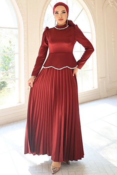 Olcay Stone and Pearl Detailed Pleated Satin Hijab Evening Dress Bordo 1682