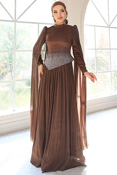 Olcay Taş Bezeli Pilise ve Pelerin Detaylı Saten-Yoryo İpek Tesettür Abiye El...