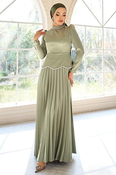 Olcay Stone and Pearl Detailed Pleated Satin Hijab Evening Dress Light Green ...