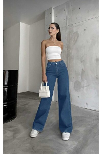 NWC Carla Likralı Kadın Mavi Süper Yüksek Bel Salaş Paça Denim Salaş Palazzo ...