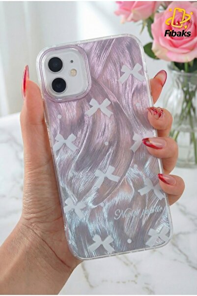 Fibaks İphone 12/12 Pro Kılıf Parlak Hologramlı Fiyonk Desenli Darbe Emici Ka...