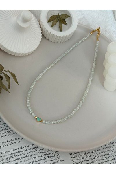 HERCY White Glass Beaded Women's Necklace with Heart |   Water Green Heart Necklace