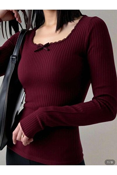 Be Best بلوزة نسائية ذات ياقة دانتيل باللون العنابي BE175