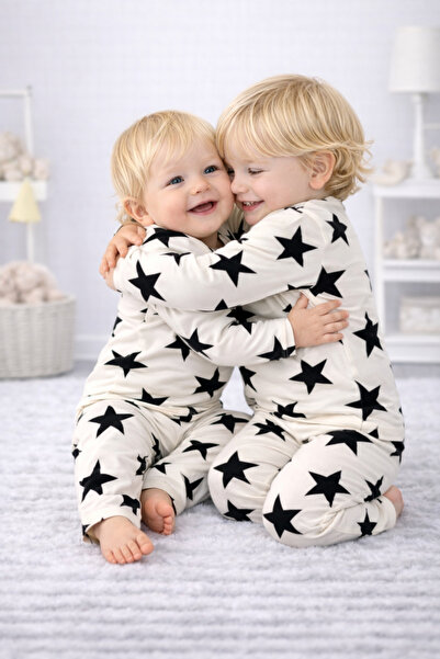 Drop Kids Βρεφικό παιδικό μακρύ κοστούμι πιτζάμα δύο τεμαχίων με σχέδιο αστεριών