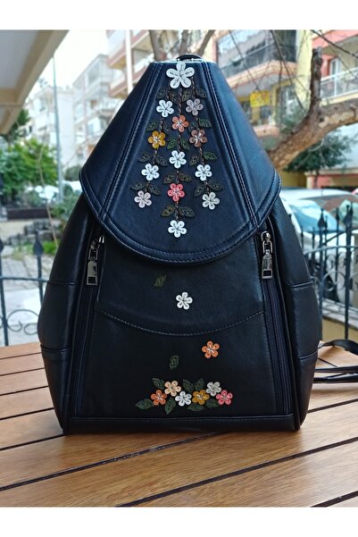 Durush Collection حقيبة ظهر سوداء من الجلد الطبيعي بتصميم مطرز يدويًا