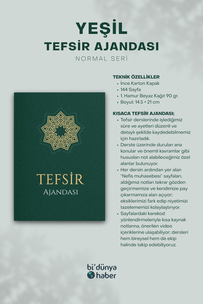 Bi Dünya Haber Tefsir Ajandası Yeşil Renk İnce Karton Kapak
