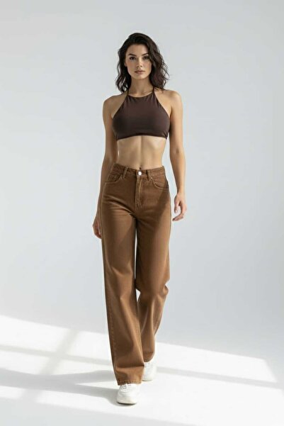 Trn JNS Kahverengi Likralı Süper Yüksek Bel Salaş Jeans Palazzo Pantolon