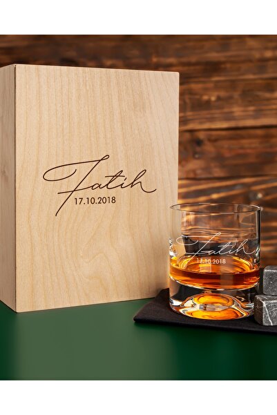 Hediyesepeti Kişiye Özel Ahşap Kutulu Viski Kadeh Seti İmza Stili İsim ve Tar...