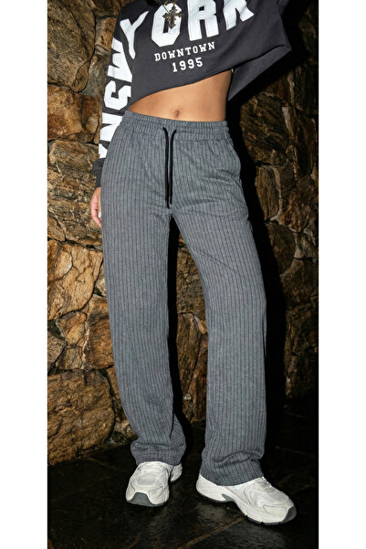 Miyalon Γυναικείο ανοιχτό γκρι κορδόνι με γκρι ραβδωτό ύφασμα ριγέ φαρδύ πόδι...