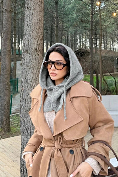 Eka Women's Gray Knitwear Buttoned Balaklava Beanie 594-14800