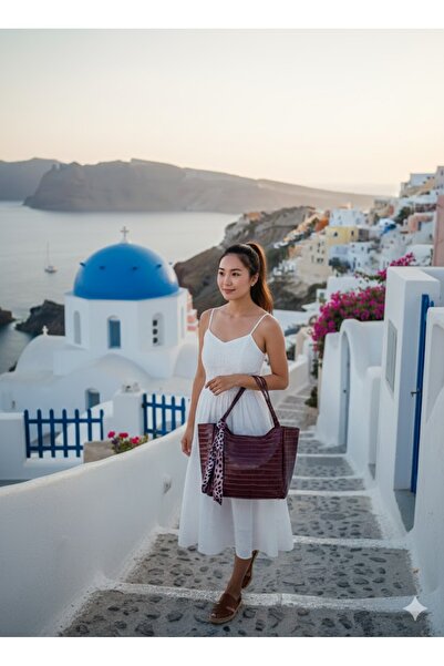 YMZBAG VİŞNE Kadın Kroko Fularlı Fermuarlı Ve Çıtçıt Kapamalı Shopper El Ve O...