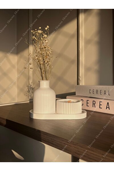 Elmessa Dekoratif set 3lü-Çizgili vazo ,vanilyalı mum,stant