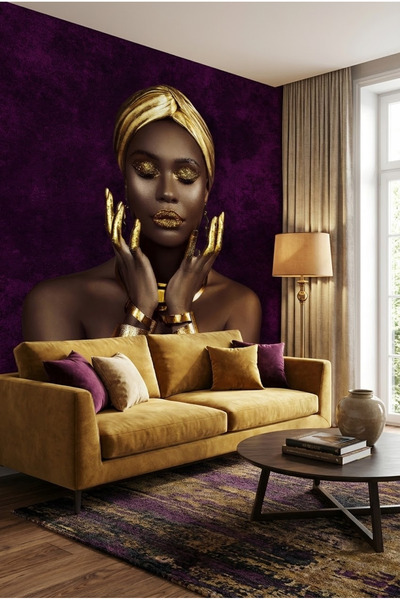 dreamwall Altın Detaylı Kadın Portreli Duvar Kağıdı - 3 Boyutlu Sanatsal Duva...