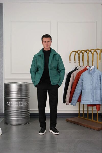 MODEFENDİ Erkek Yeşil Çizgi Detaylı Klasik Kesim Yan Ceplı Cıtcıt Kapamalı Do...