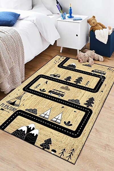 Decomia Home Dijital Kaymaz Jüt Görünümlü Araba Yollu Çocuk Halısı Oyun Halıs...