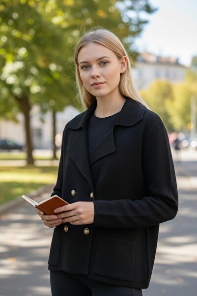 Yame Double-Breasted Knitwear Cardigan with Pocket and Button Detail