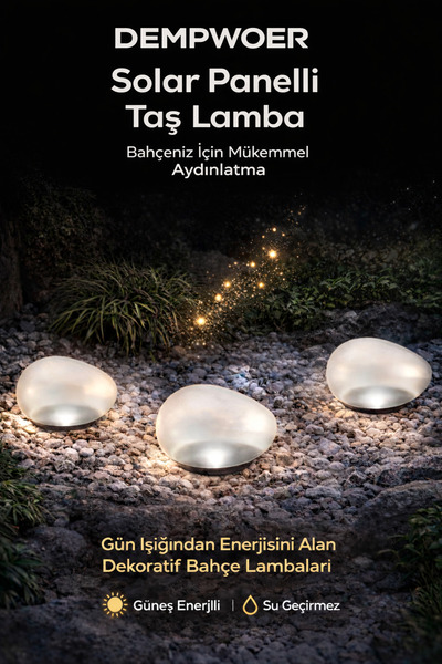 DEMPOWER Solar Panel Taş Lamba - Bahçe ve Peyzaj Aydınlatması İçin Doğal Görü...