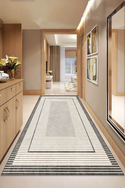 Decomia Home Dijital Kaymaz Yıkanabilir Çizgili Salon Halısı Mutfak Halısı Ko...