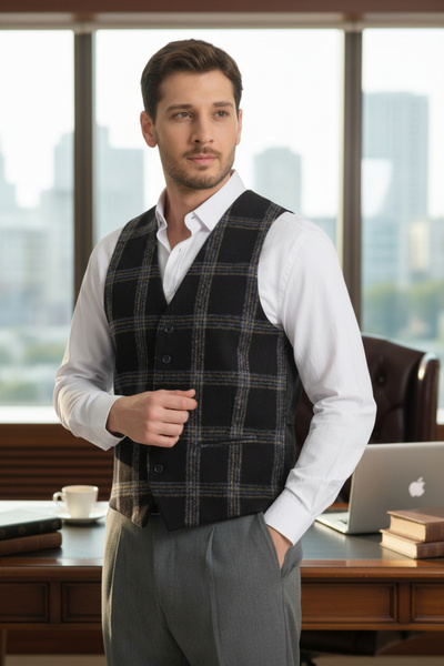 Frappoli Жилет з V-подібним коміром та картатим візерунком, облягаючий крій