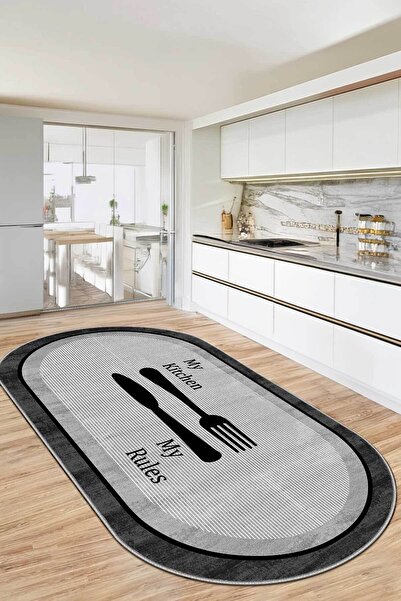 Decomia Home Dijital Yıkanabilir Kaymaz Gri Antrasit Oval Mutfak Halısı Mutfa...