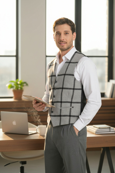 Frappoli Vestă cu decolteu în V cu model în carouri Slim Fit