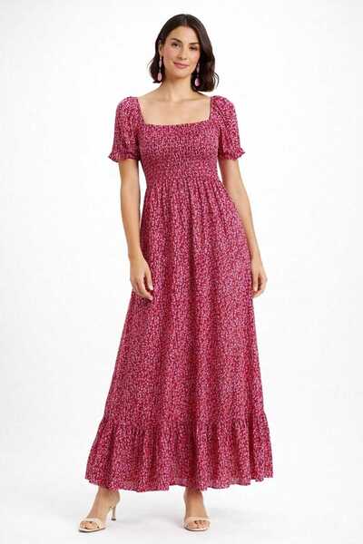 Butik Milenass Çiçek Desenli Kısa Kol Göğüs Kısmı Lastikli Yazlık Elbise