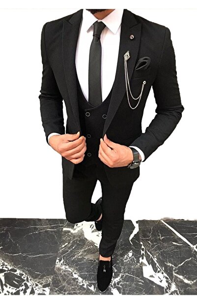 MY VİNTAGE بدلة سوداء بقصة ضيقة (Slim Fit) (منديل وربطة عنق وهدية للزينة).