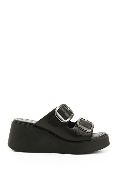 GÖNDERİ(R) Women's Black Wedge Heeled Buckle Slippers