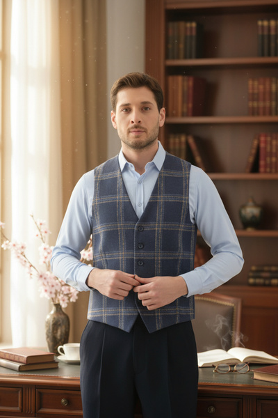 Frappoli Vestă cu decolteu în V cu model în carouri Slim Fit