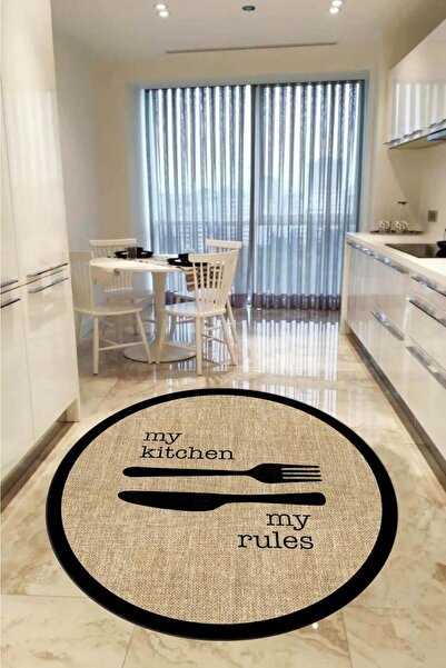 Decomia Home Dijital Kaymaz Yıkanabilir Jüt Görünümlü Kitchen Yazılı Siyah Çe...