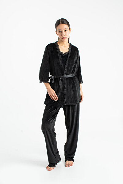 Ecrou Women's Black Velvet Rope Strap Robe Pants 3-Piece Pajama Set