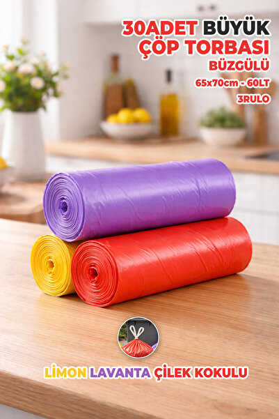 Destpak 30 ADET BÜYÜK BOY Büzgülü Çöp Torbası - EKSTRA SAĞLAM - Limon, Lavant...
