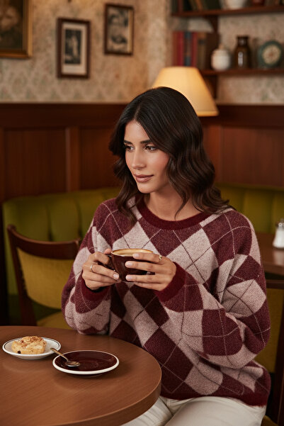 Lela Baklava Desenli Oversize Bisiklet Yaka Yumuşak Dokulu Kazak KAZAK 4616262