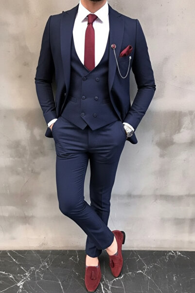 MY VİNTAGE بدلة كحلي اللون مكونة من قصة ضيقة قطع (ربطة عنق، منديل، وزينة ياقة...