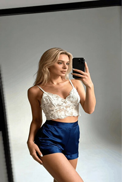 Gece İncisi Askılı Dantel Büstiyerli Saten Şortlu Takım