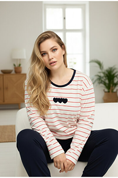 Siyah İnci beyaz kırmızı desenli Curve Büyük Beden Battal Boy Pamuklu Pijama ...