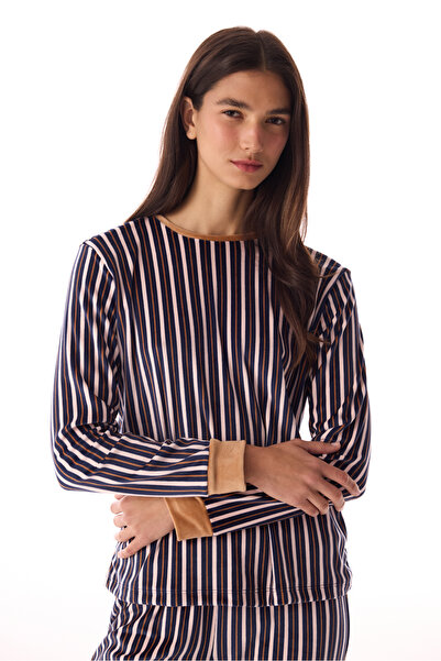 Penti Navy Blue Crew Neck Colorful Striped Pajama Top