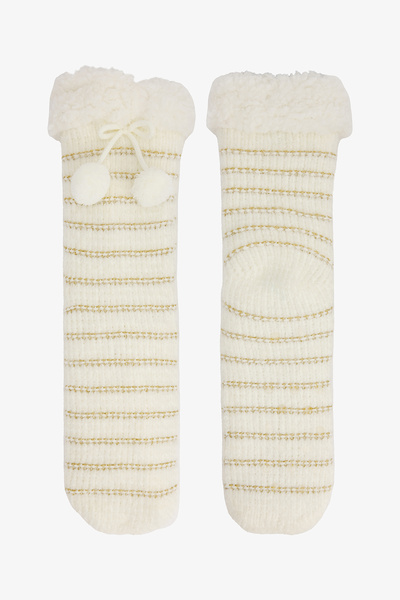 Penti Off-White Gold Striped Pompom Home Socks