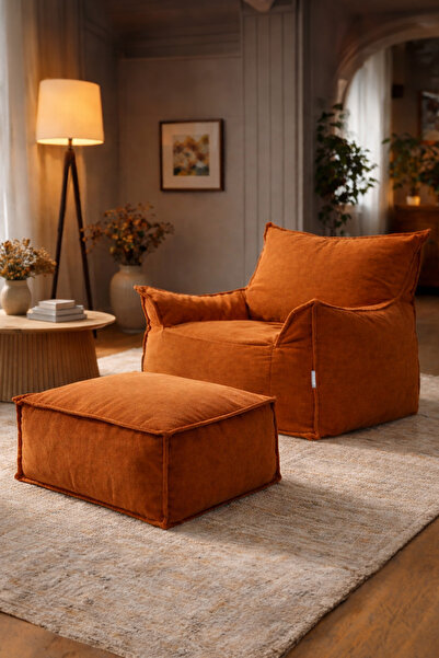 Homedius Notre Kadife Koltuk Puf Set Kiremit