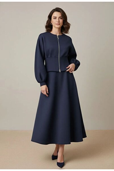 Soul Women's Zipper Detailed Corset Form Jacket Skirt Set-32460Tks - Burgundy