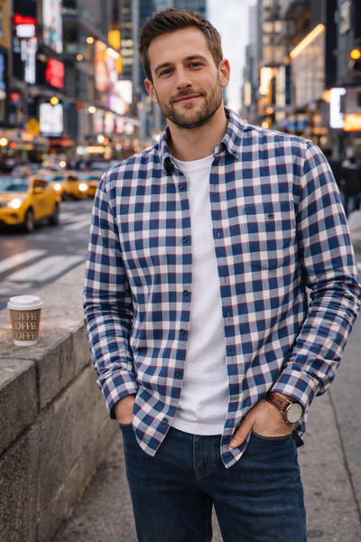 Varetta Men's Blue Checkered Winter Shirt Woolen Pocket Wide Cut