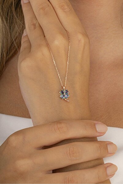 Gümüş Pazarım Mistik Topaz Taşlı 4 Yapraklı Yonca Gümüş Kolye